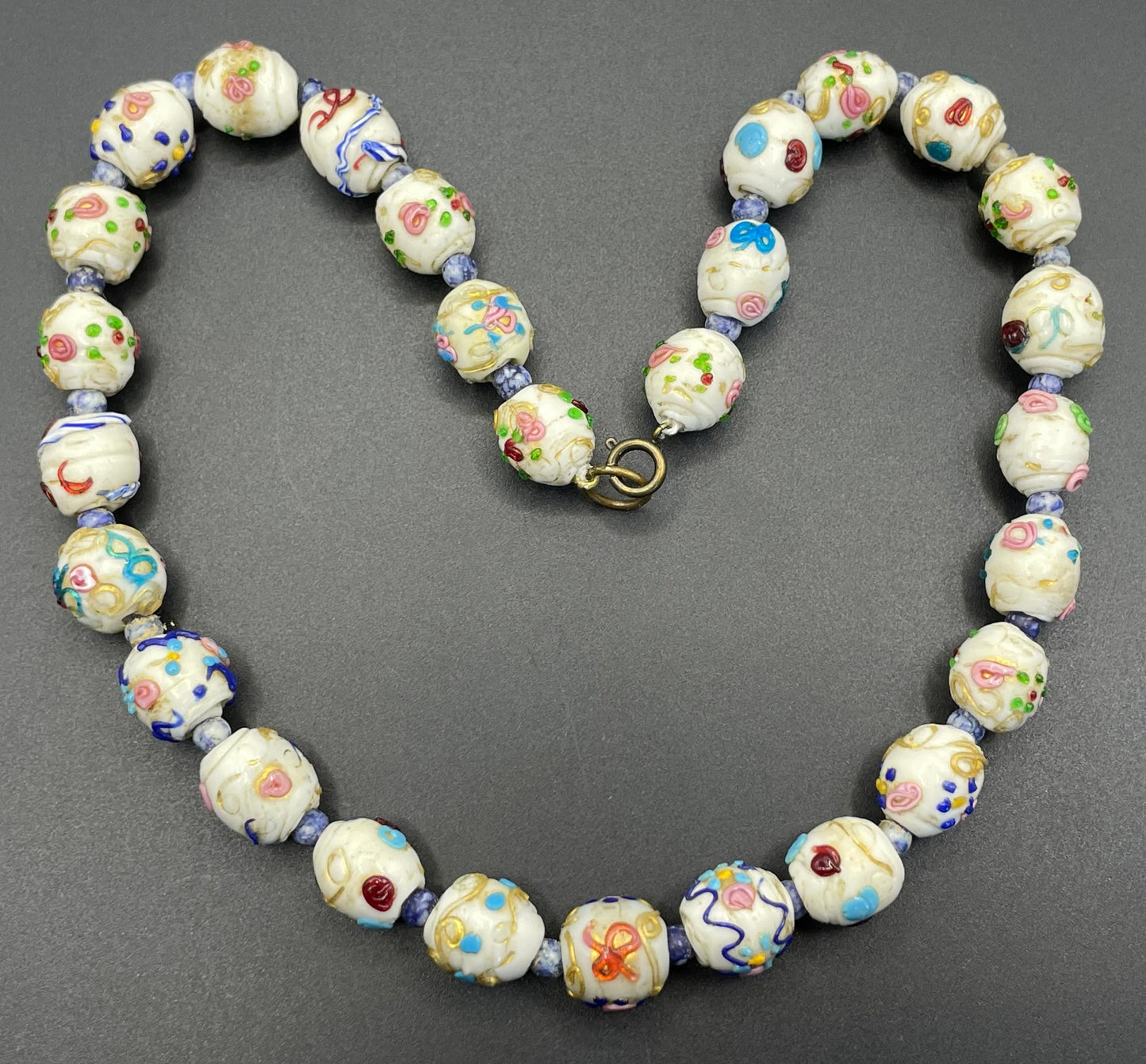 Antique Venetian wedding cake Fiorato glass white and multi-coloured hand made beaded choker necklace, a really old piece with signs of age