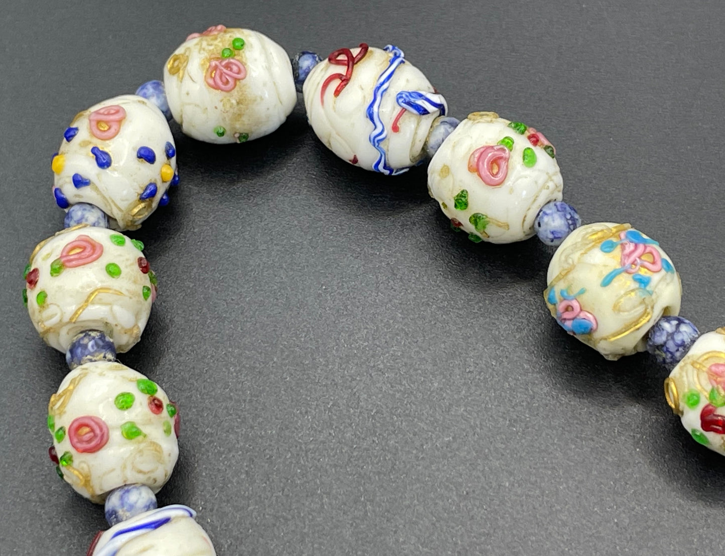Antique Venetian wedding cake Fiorato glass white and multi-coloured hand made beaded choker necklace, a really old piece with signs of age