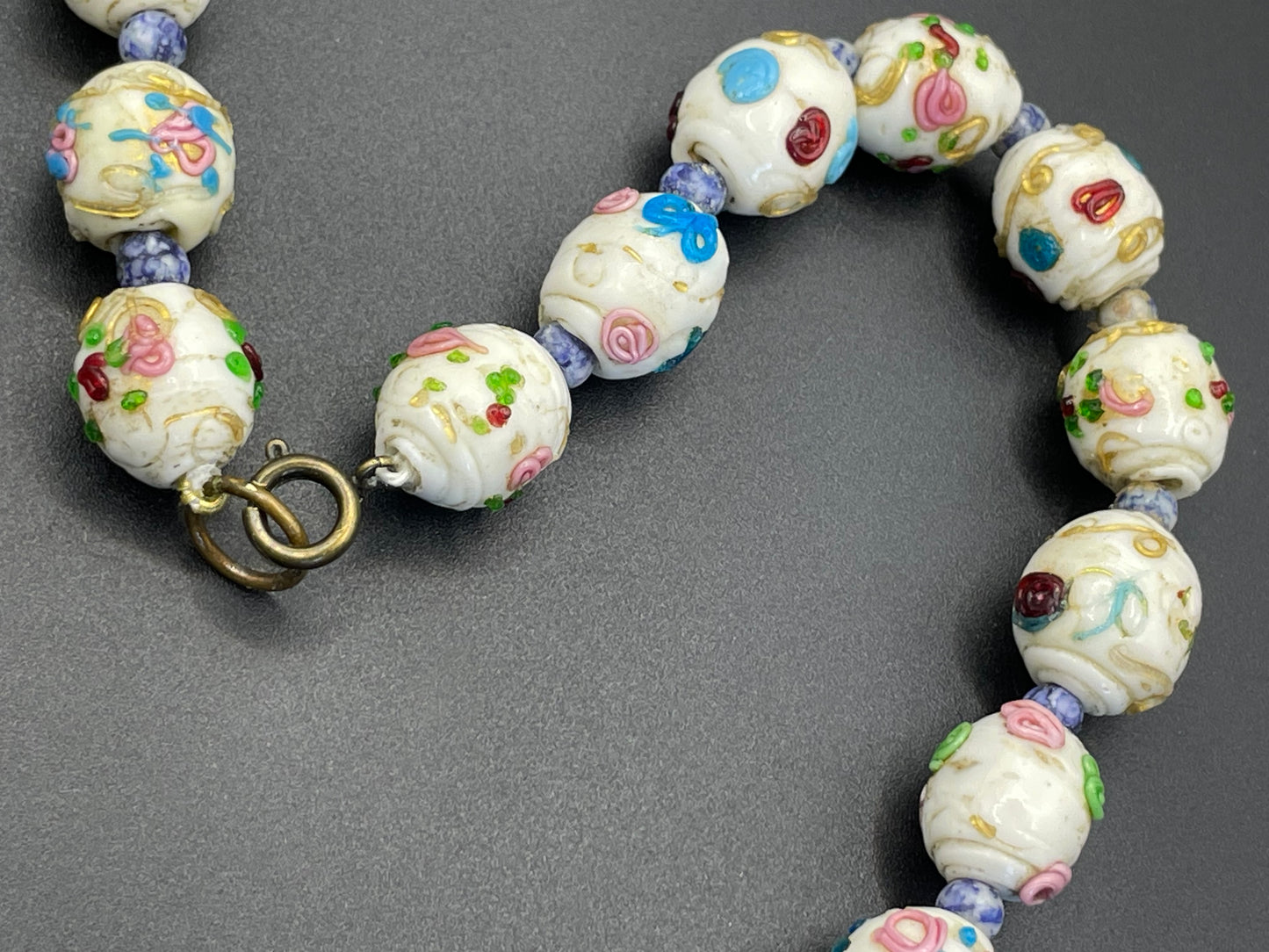 Antique Venetian wedding cake Fiorato glass white and multi-coloured hand made beaded choker necklace, a really old piece with signs of age
