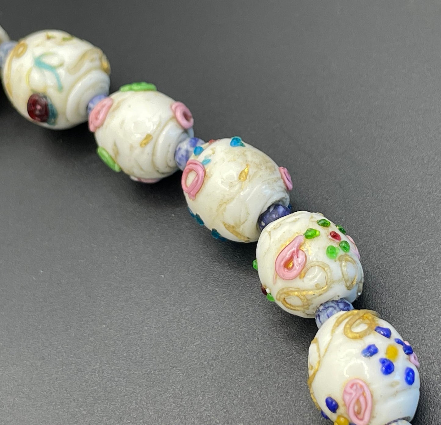 Antique Venetian wedding cake Fiorato glass white and multi-coloured hand made beaded choker necklace, a really old piece with signs of age