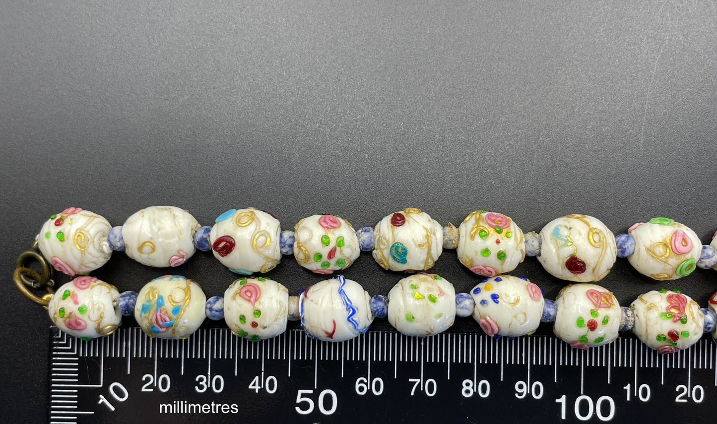 Antique Venetian wedding cake Fiorato glass white and multi-coloured hand made beaded choker necklace, a really old piece with signs of age