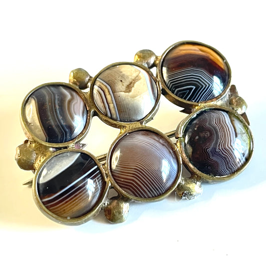 Antique / vintage gold tone brown and white banded agate six cabochon brooch