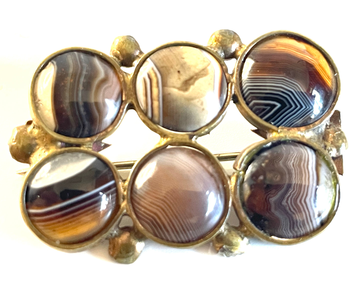 Antique / vintage gold tone brown and white banded agate six cabochon brooch
