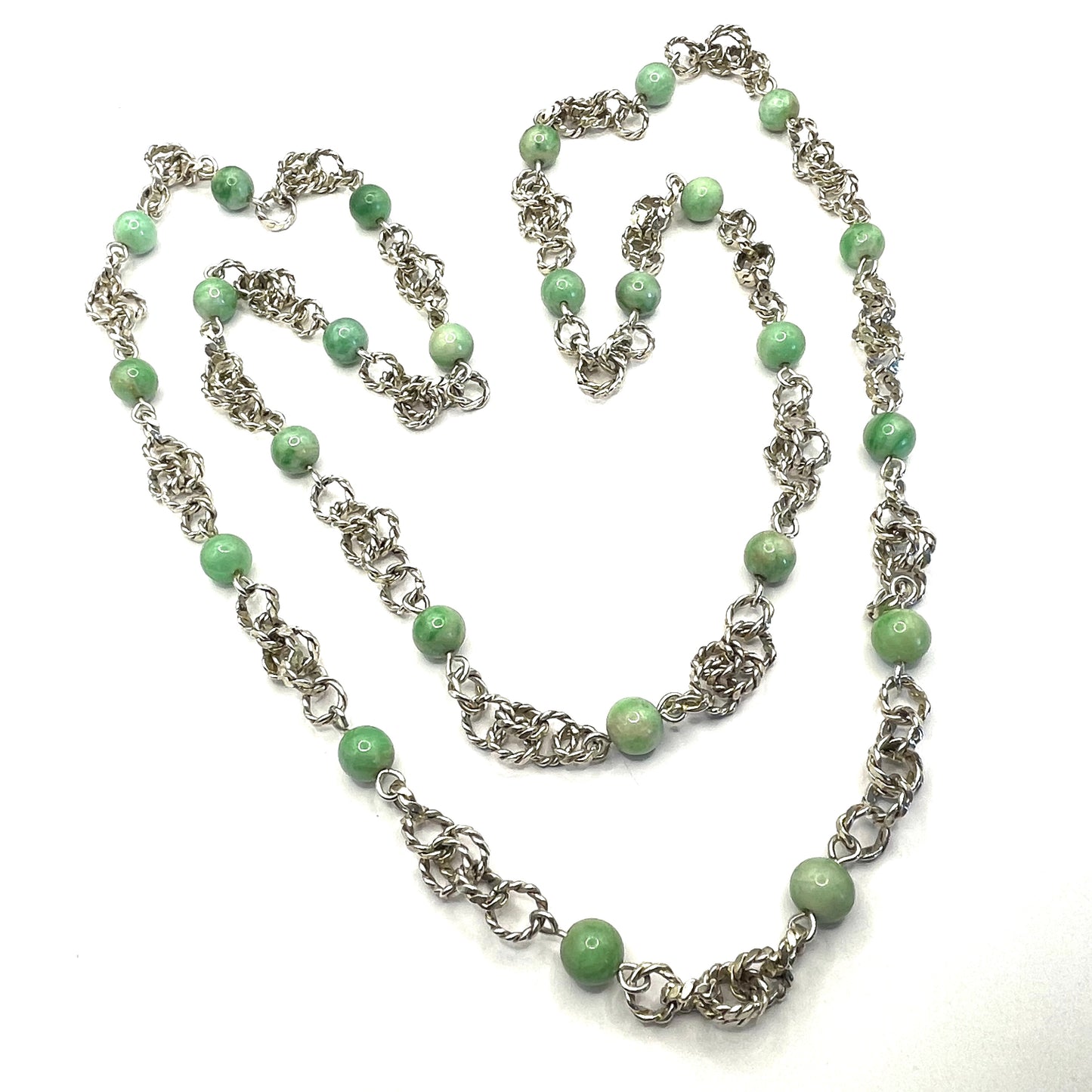 Vintage Art Deco green jade gemstone round bead and chunky unmarked solid silver link long flapper necklace