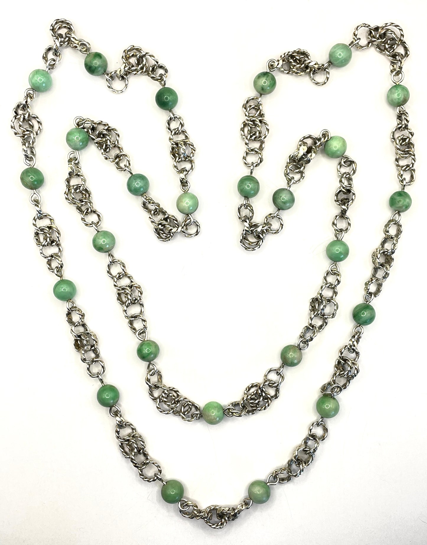 Vintage Art Deco green jade gemstone round bead and chunky unmarked solid silver link long flapper necklace