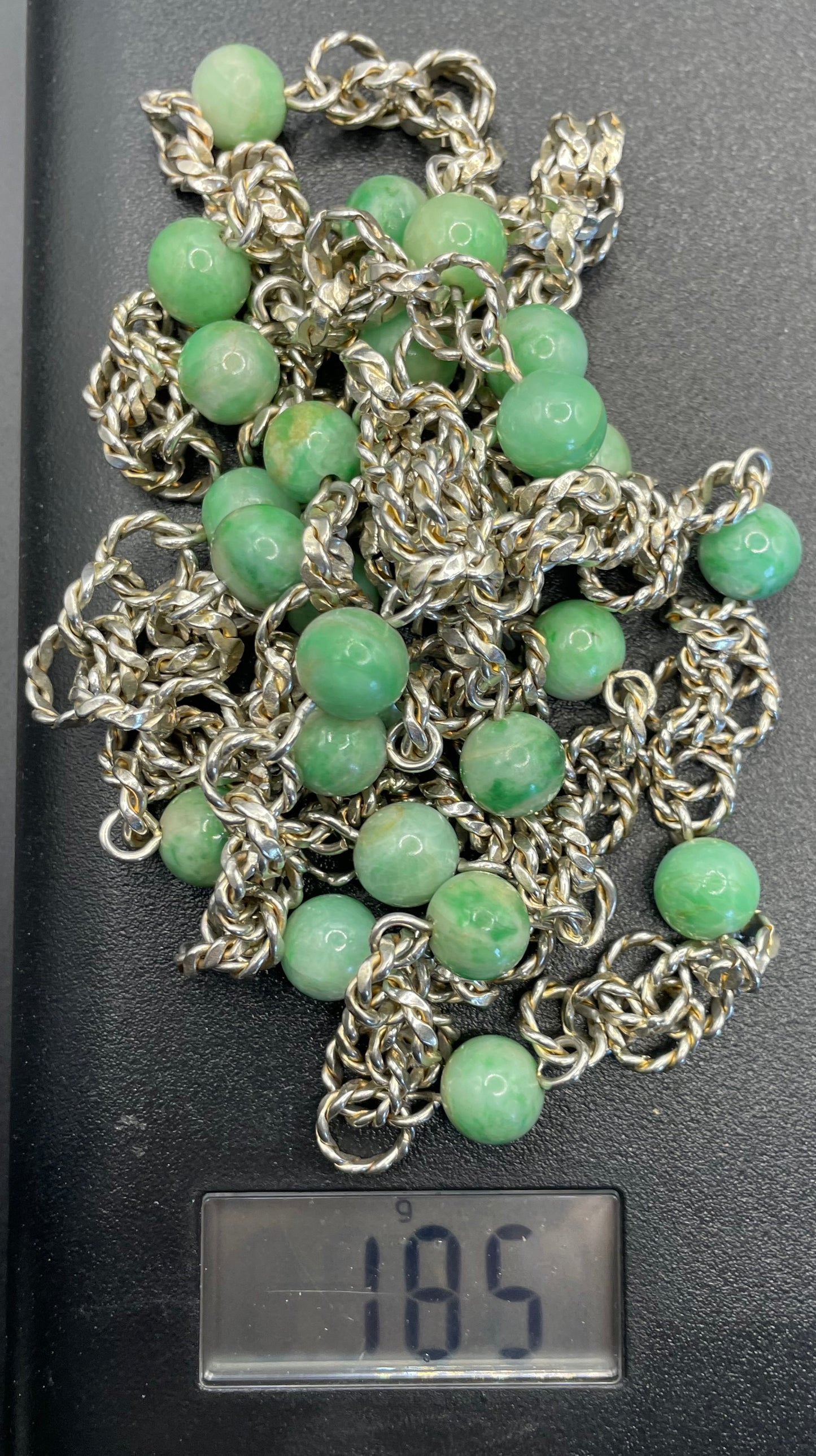 Vintage Art Deco green jade gemstone round bead and chunky unmarked solid silver link long flapper necklace