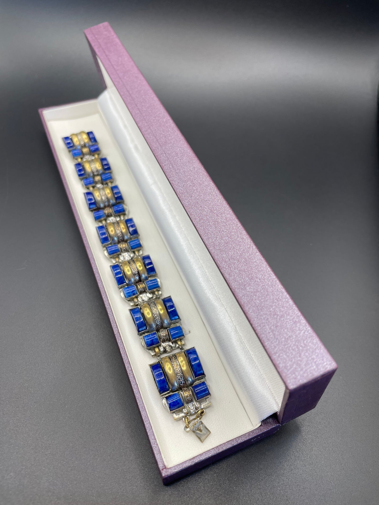 Vintage Neiger Brothers Art Deco heavy blue faux lapis lazuli glass panel bracelet with beautiful silver & gold tone features by Max Neiger
