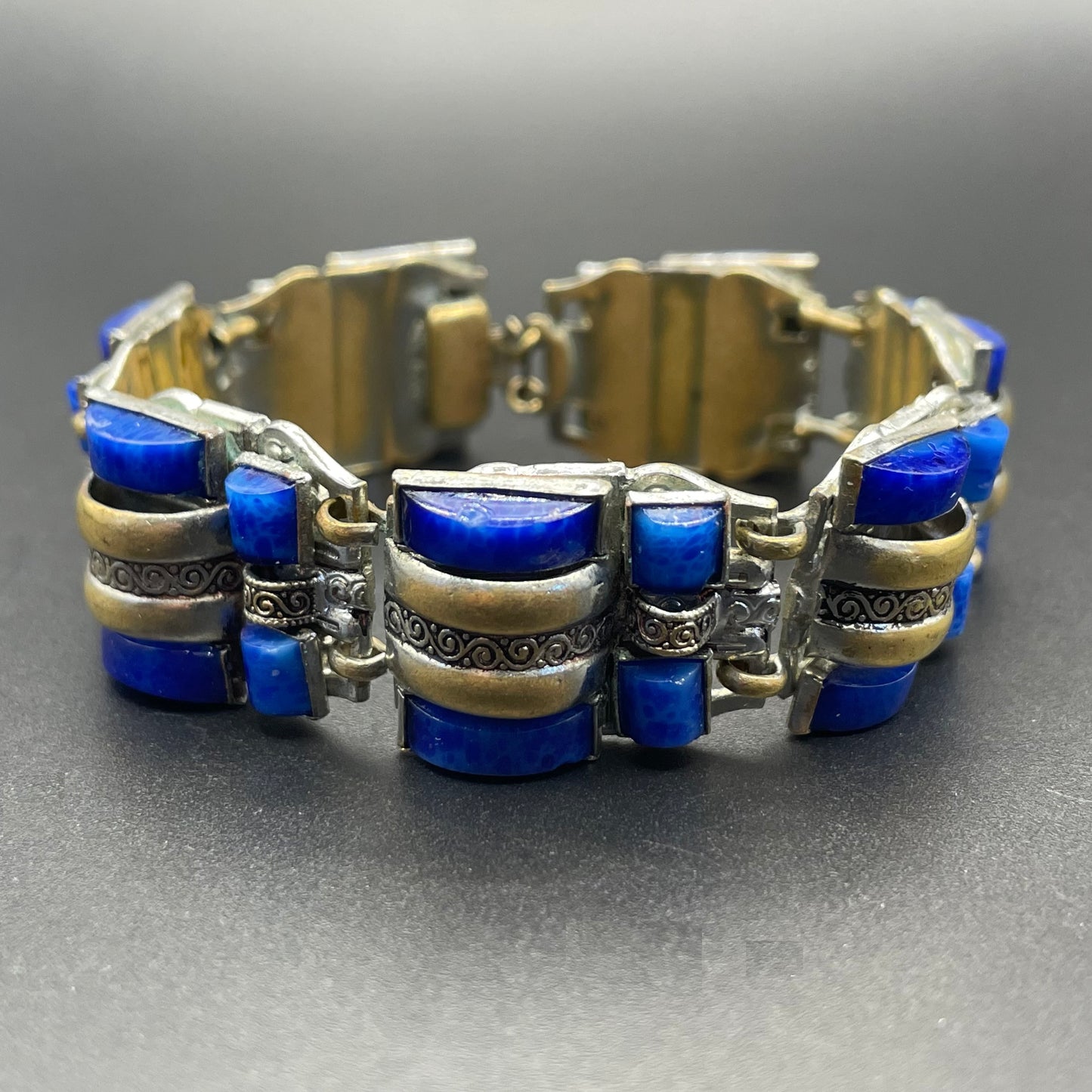 Vintage Neiger Brothers Art Deco heavy blue faux lapis lazuli glass panel bracelet with beautiful silver & gold tone features by Max Neiger
