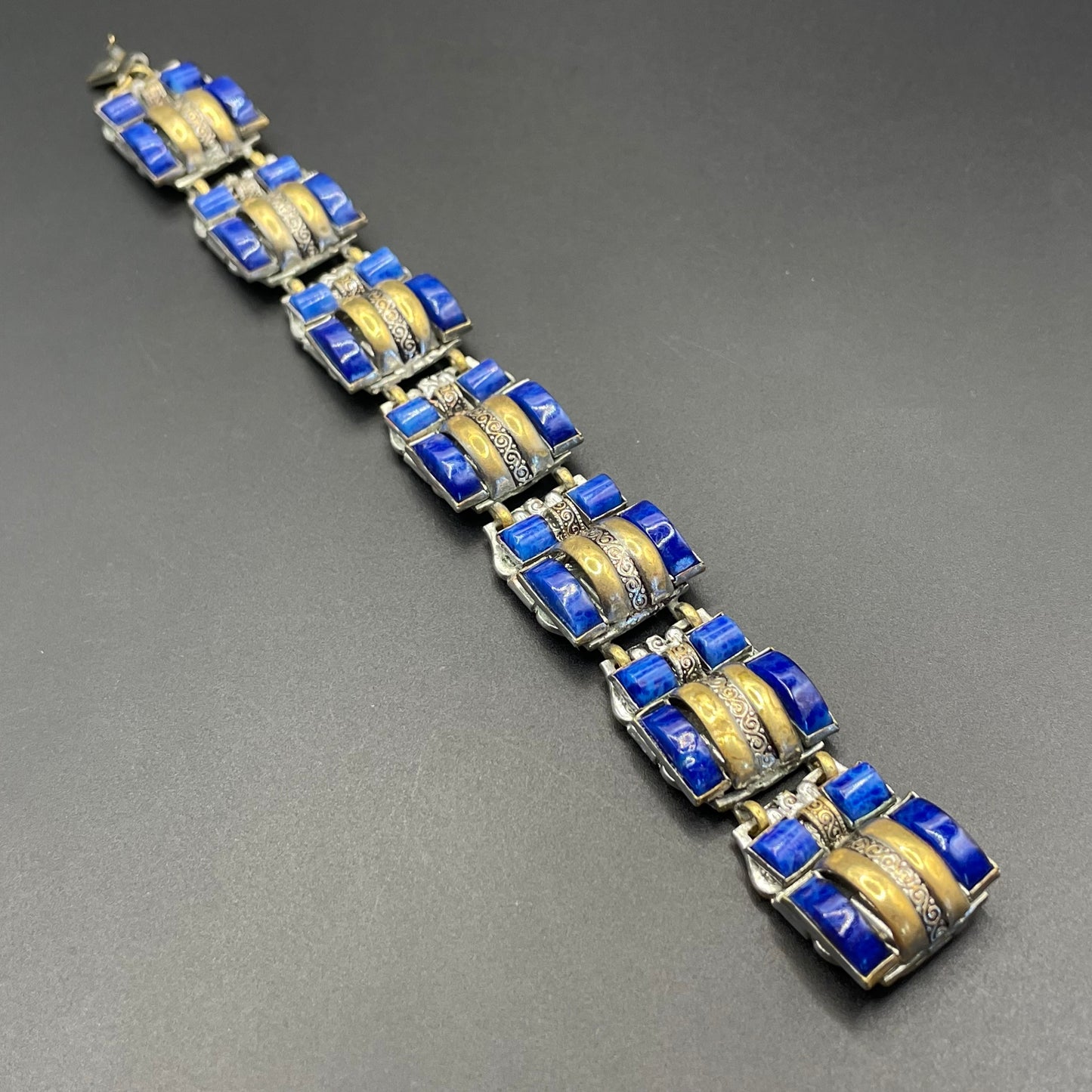 Vintage Neiger Brothers Art Deco heavy blue faux lapis lazuli glass panel bracelet with beautiful silver & gold tone features by Max Neiger