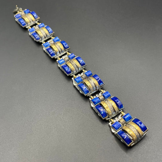 Vintage Neiger Brothers Art Deco heavy blue faux lapis lazuli glass panel bracelet with beautiful silver & gold tone features by Max Neiger