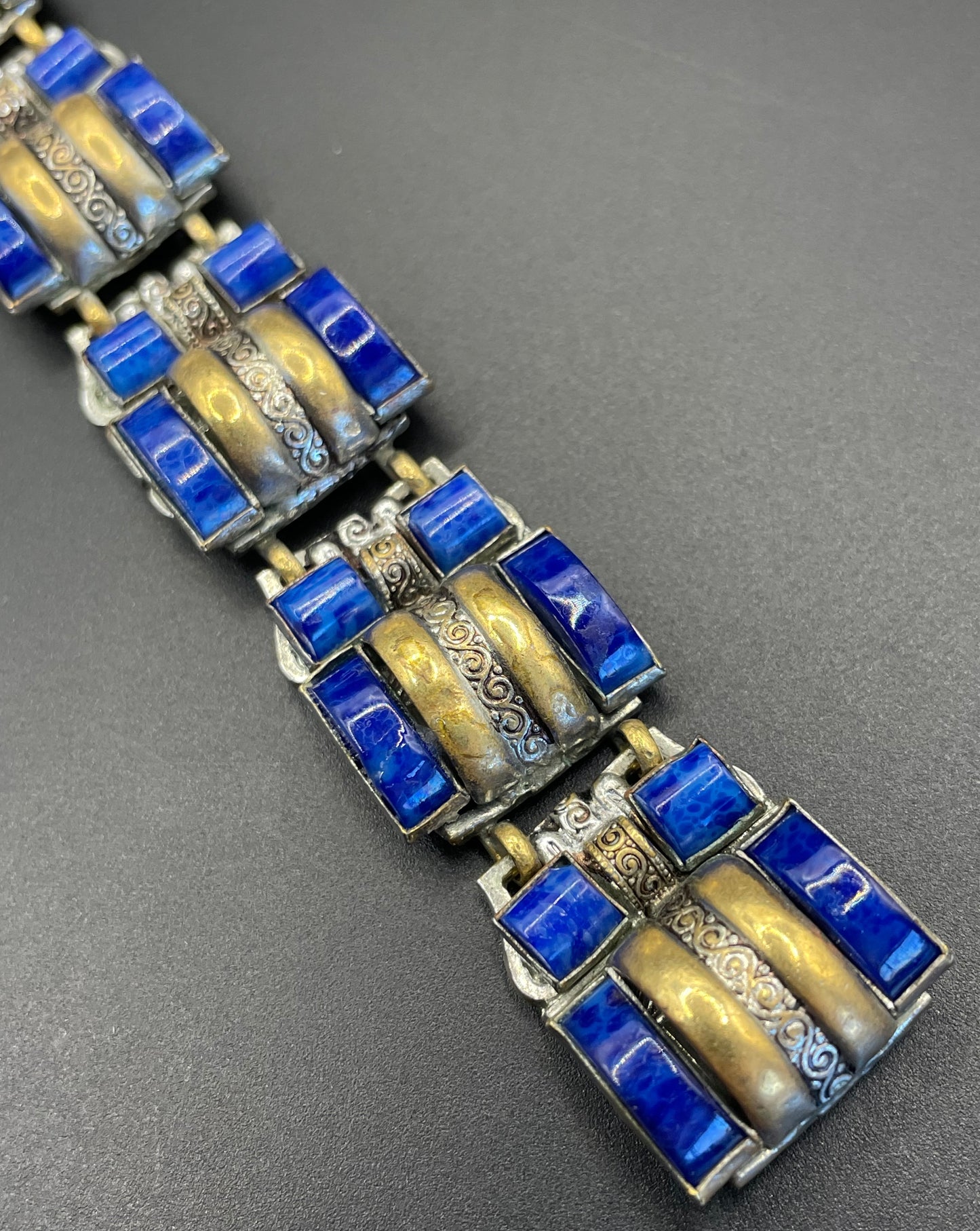 Vintage Neiger Brothers Art Deco heavy blue faux lapis lazuli glass panel bracelet with beautiful silver & gold tone features by Max Neiger