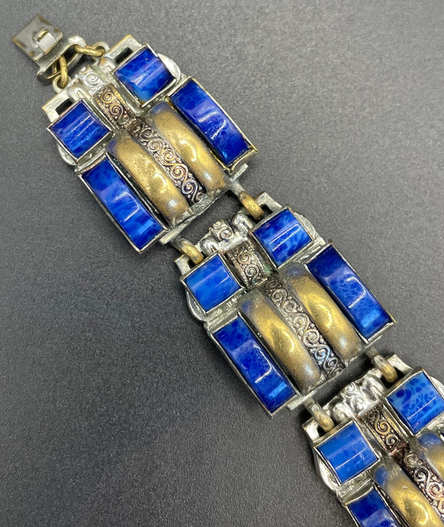 Vintage Neiger Brothers Art Deco heavy blue faux lapis lazuli glass panel bracelet with beautiful silver & gold tone features by Max Neiger