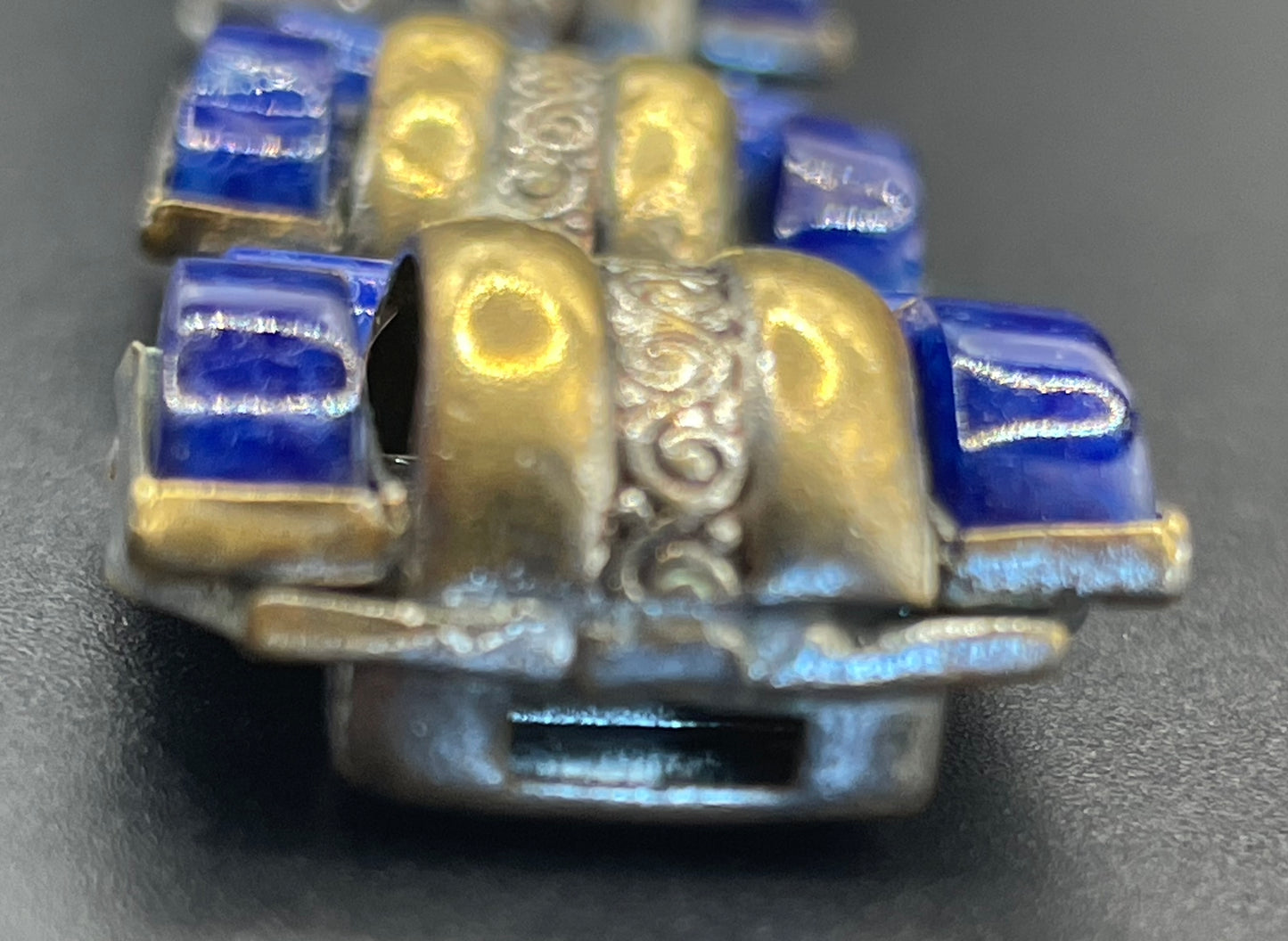 Vintage Neiger Brothers Art Deco heavy blue faux lapis lazuli glass panel bracelet with beautiful silver & gold tone features by Max Neiger