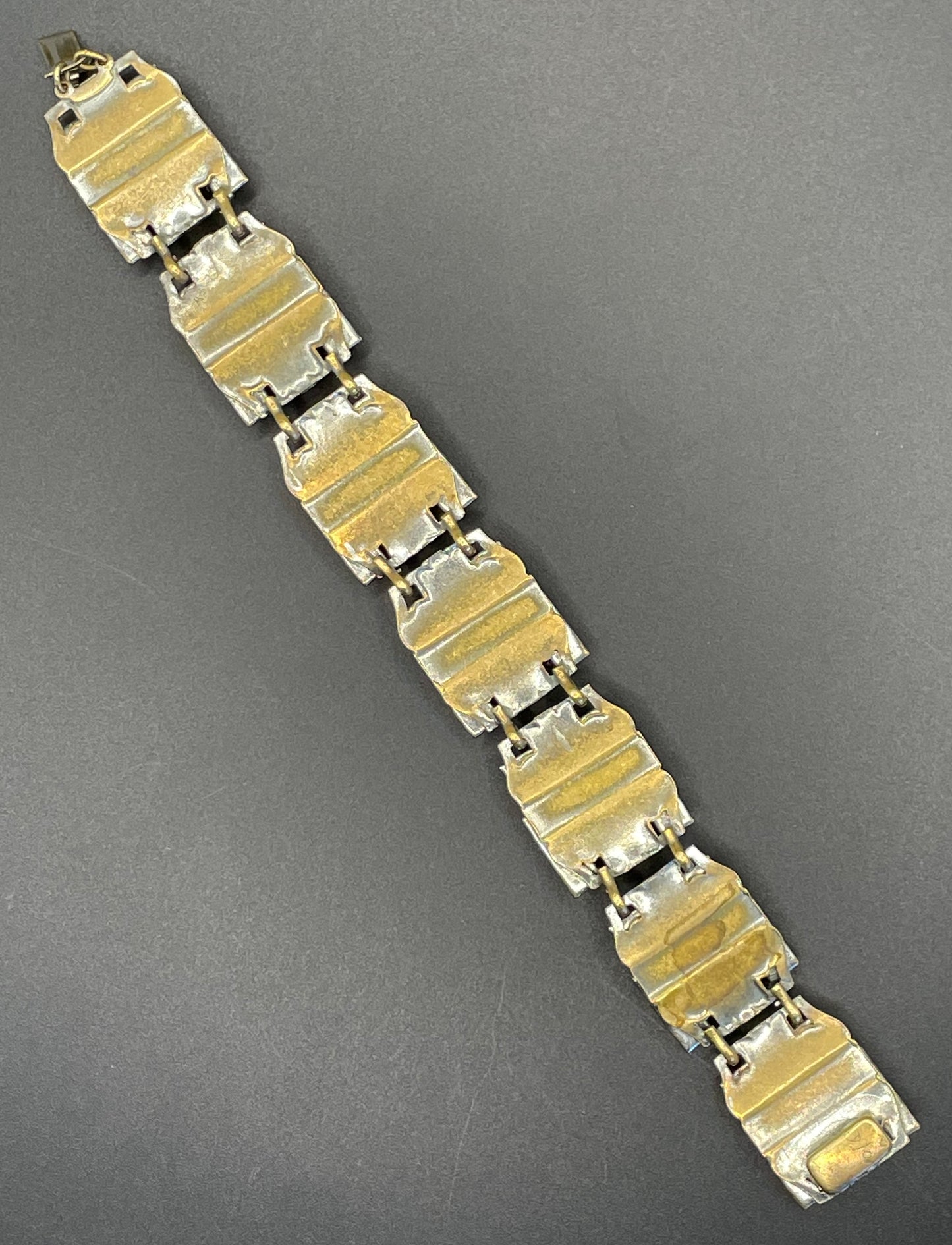 Vintage Neiger Brothers Art Deco heavy blue faux lapis lazuli glass panel bracelet with beautiful silver & gold tone features by Max Neiger