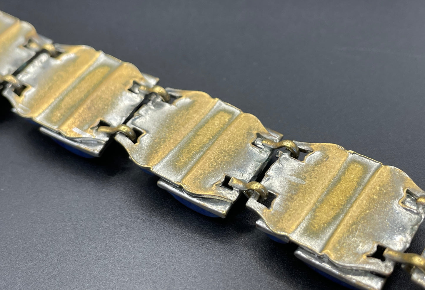 Vintage Neiger Brothers Art Deco heavy blue faux lapis lazuli glass panel bracelet with beautiful silver & gold tone features by Max Neiger