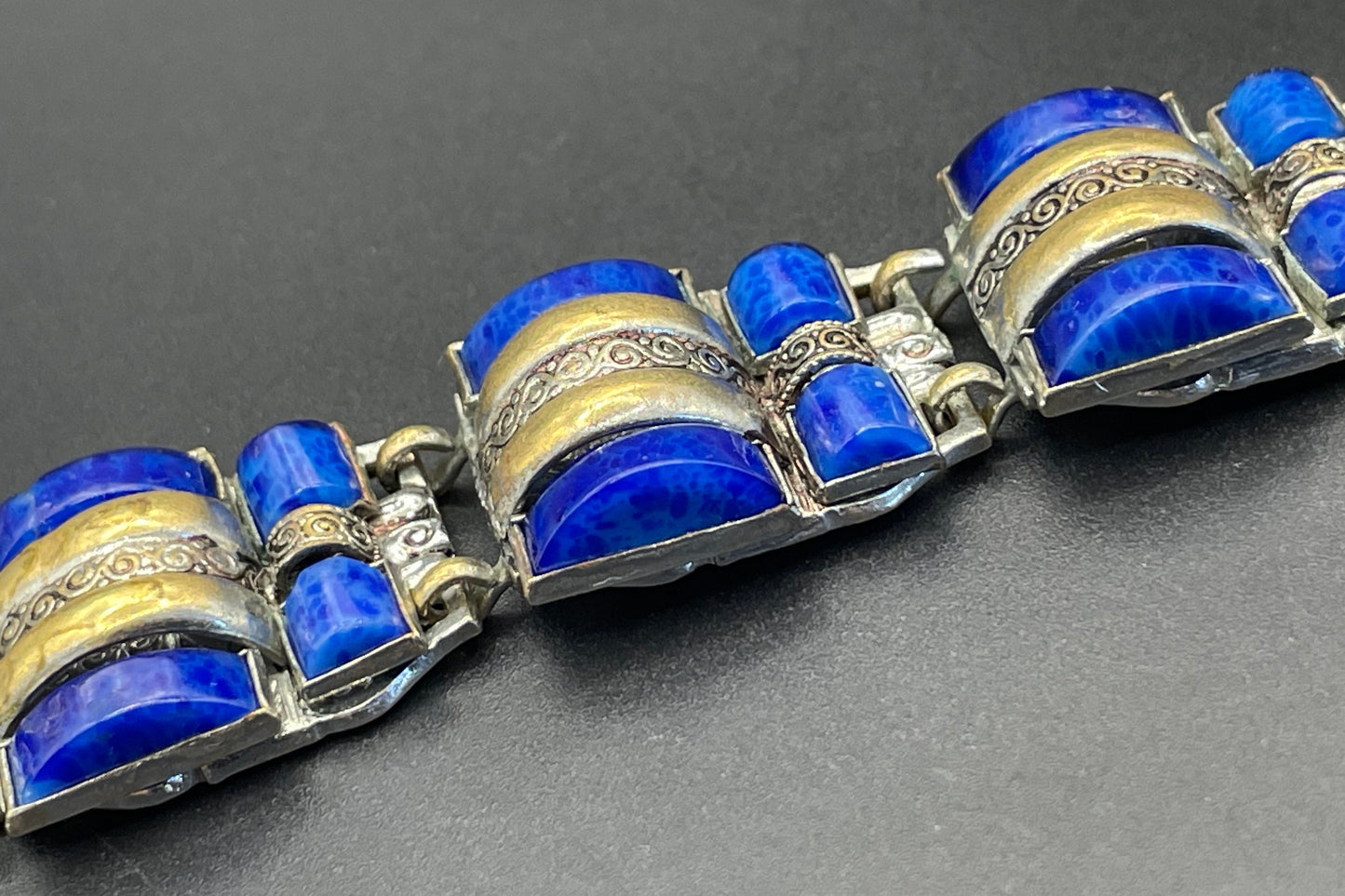 Vintage Neiger Brothers Art Deco heavy blue faux lapis lazuli glass panel bracelet with beautiful silver & gold tone features by Max Neiger
