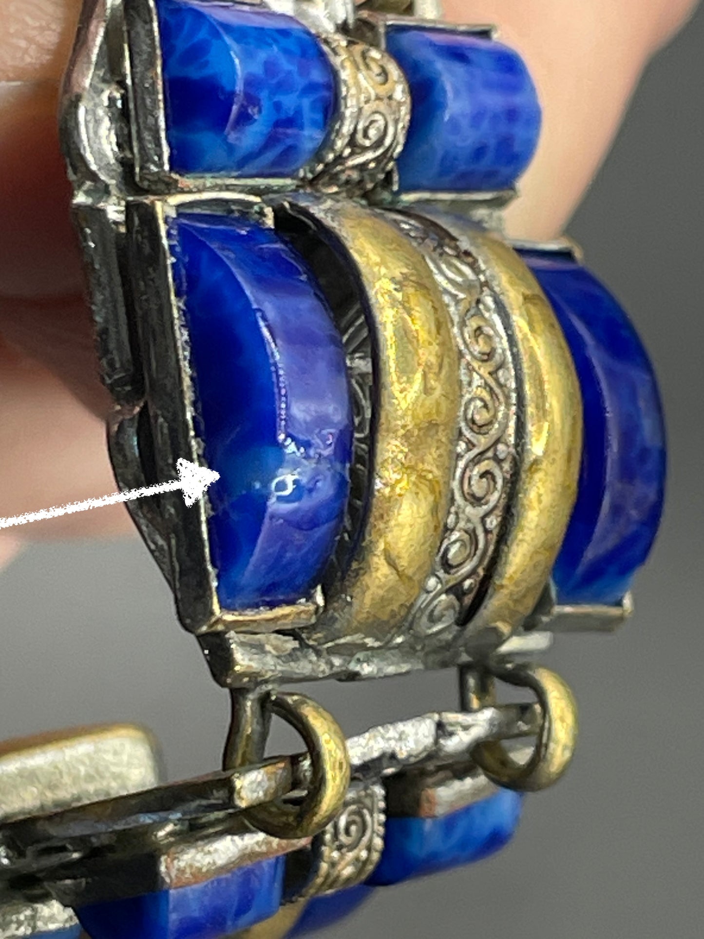 Vintage Neiger Brothers Art Deco heavy blue faux lapis lazuli glass panel bracelet with beautiful silver & gold tone features by Max Neiger
