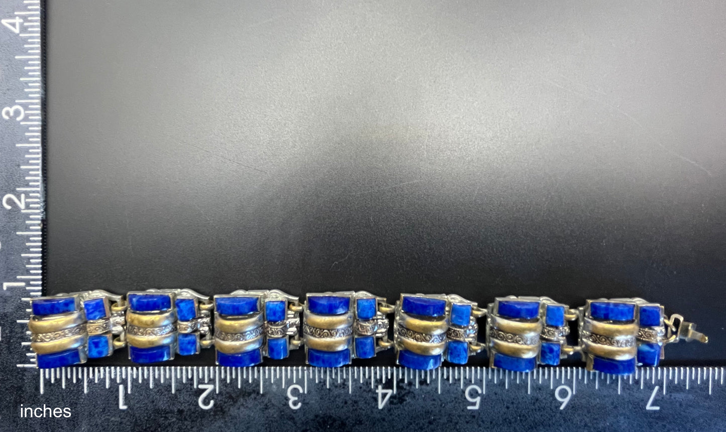 Vintage Neiger Brothers Art Deco heavy blue faux lapis lazuli glass panel bracelet with beautiful silver & gold tone features by Max Neiger