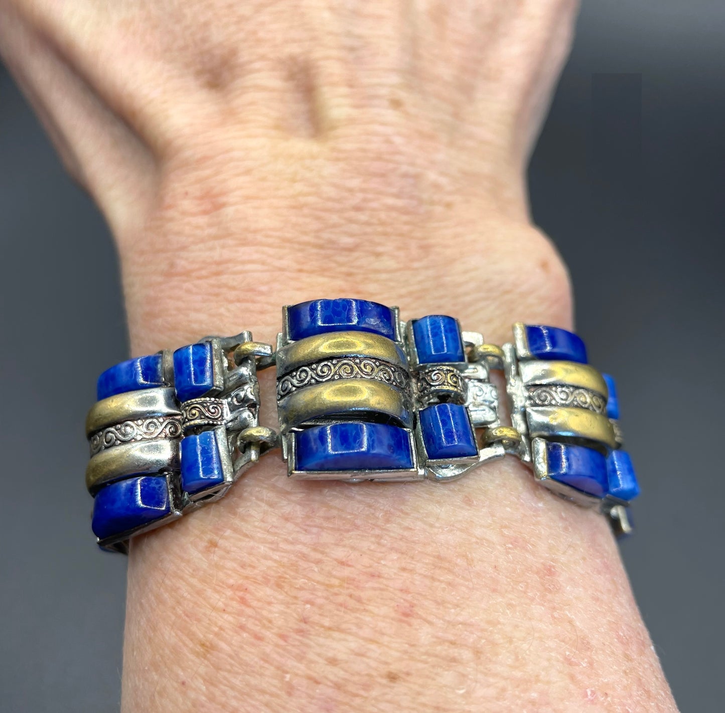 Vintage Neiger Brothers Art Deco heavy blue faux lapis lazuli glass panel bracelet with beautiful silver & gold tone features by Max Neiger