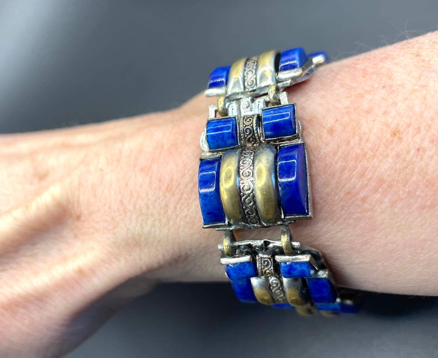 Vintage Neiger Brothers Art Deco heavy blue faux lapis lazuli glass panel bracelet with beautiful silver & gold tone features by Max Neiger
