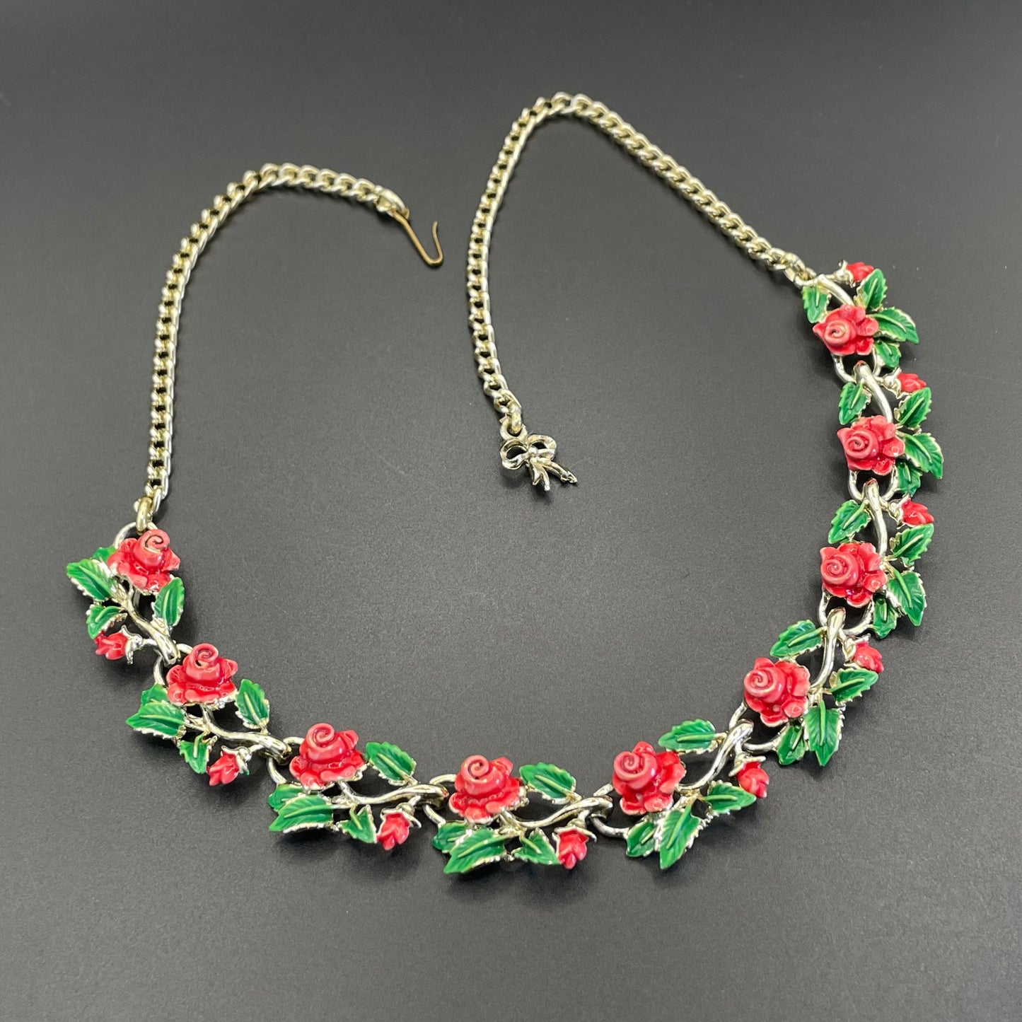 Vintage signed Exquisite rose necklace, birthday flower series, pale gold tone, hand-painted enamel, month of June, excellent condition