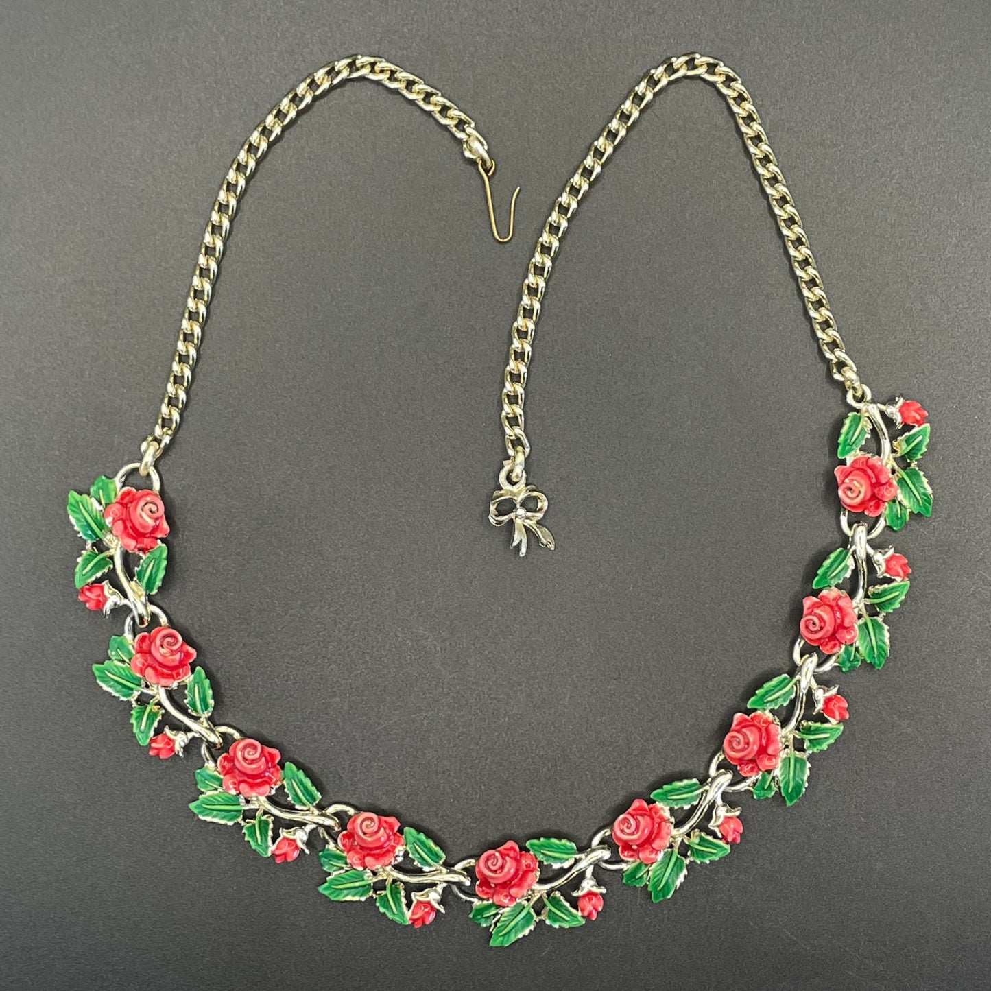 Vintage signed Exquisite rose necklace, birthday flower series, pale gold tone, hand-painted enamel, month of June, excellent condition