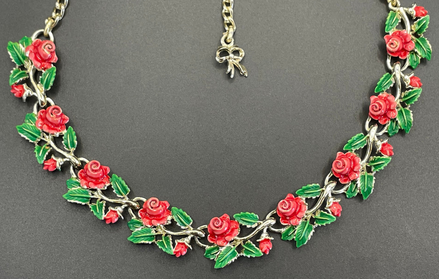 Vintage signed Exquisite rose necklace, birthday flower series, pale gold tone, hand-painted enamel, month of June, excellent condition
