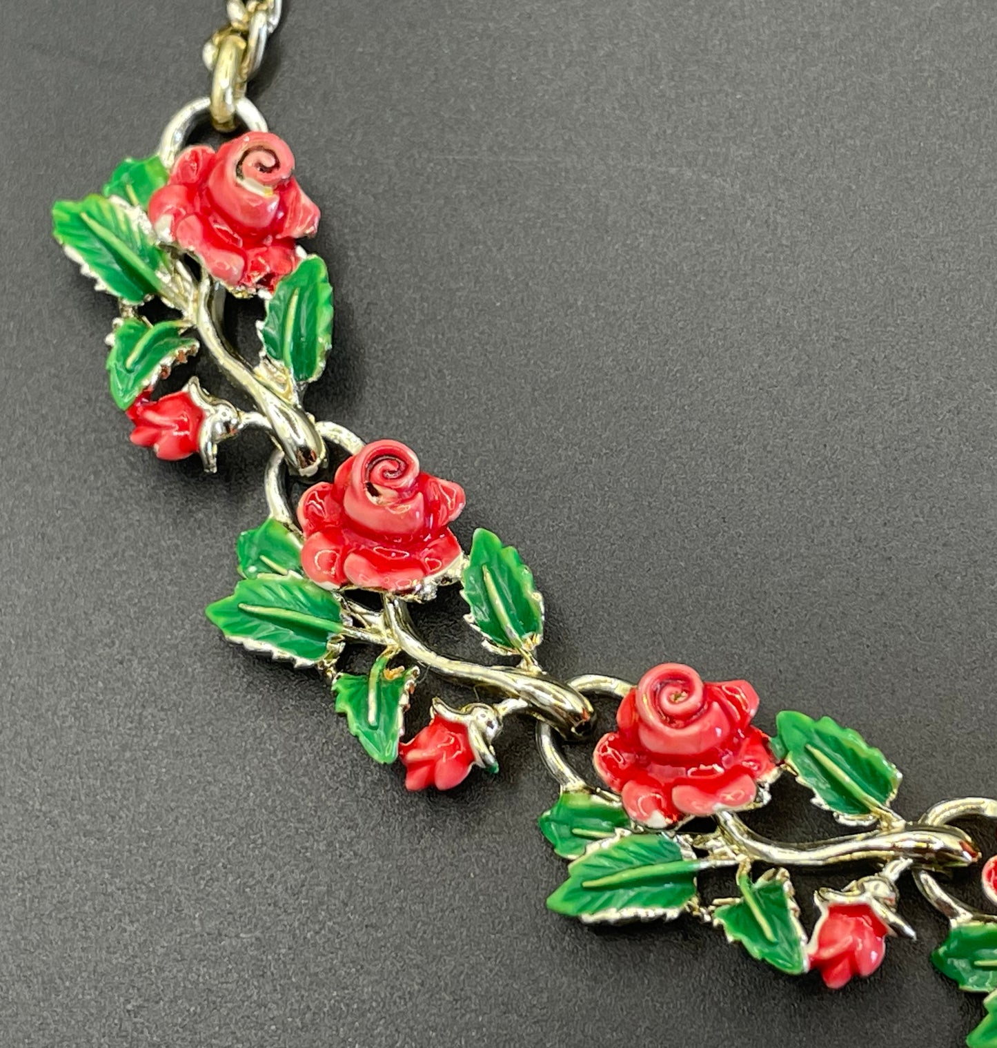 Vintage signed Exquisite rose necklace, birthday flower series, pale gold tone, hand-painted enamel, month of June, excellent condition