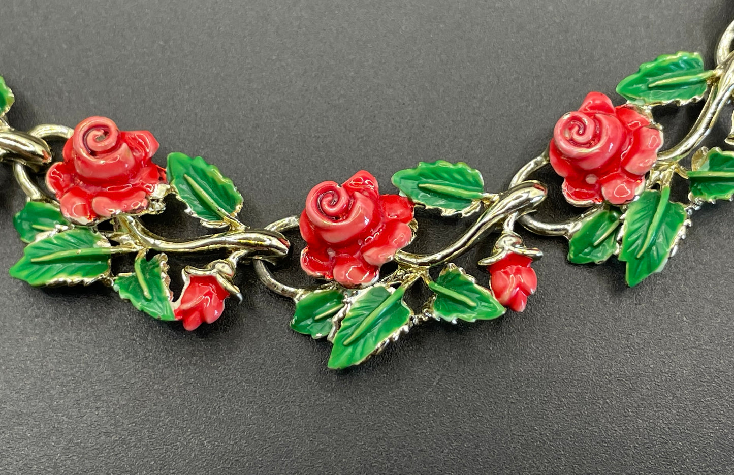 Vintage signed Exquisite rose necklace, birthday flower series, pale gold tone, hand-painted enamel, month of June, excellent condition