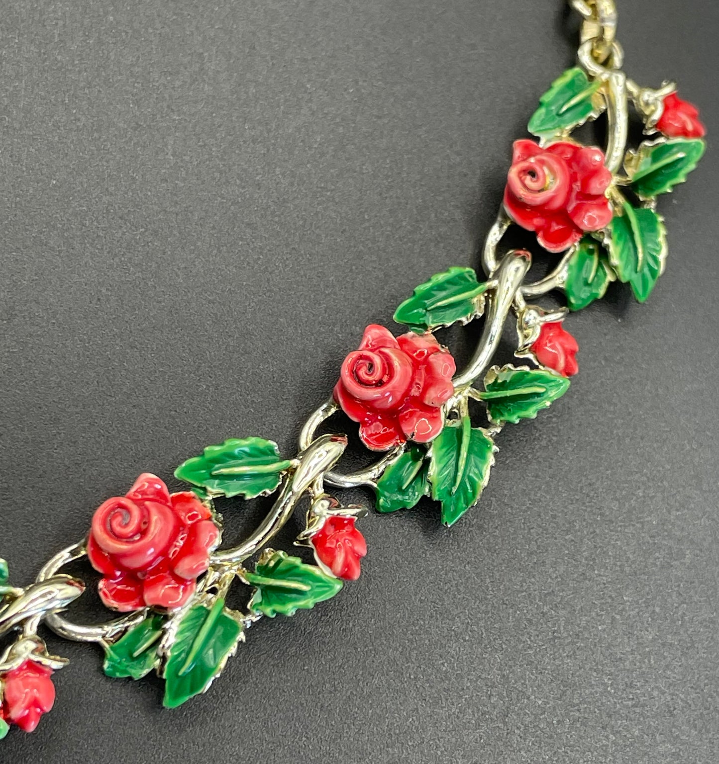 Vintage signed Exquisite rose necklace, birthday flower series, pale gold tone, hand-painted enamel, month of June, excellent condition