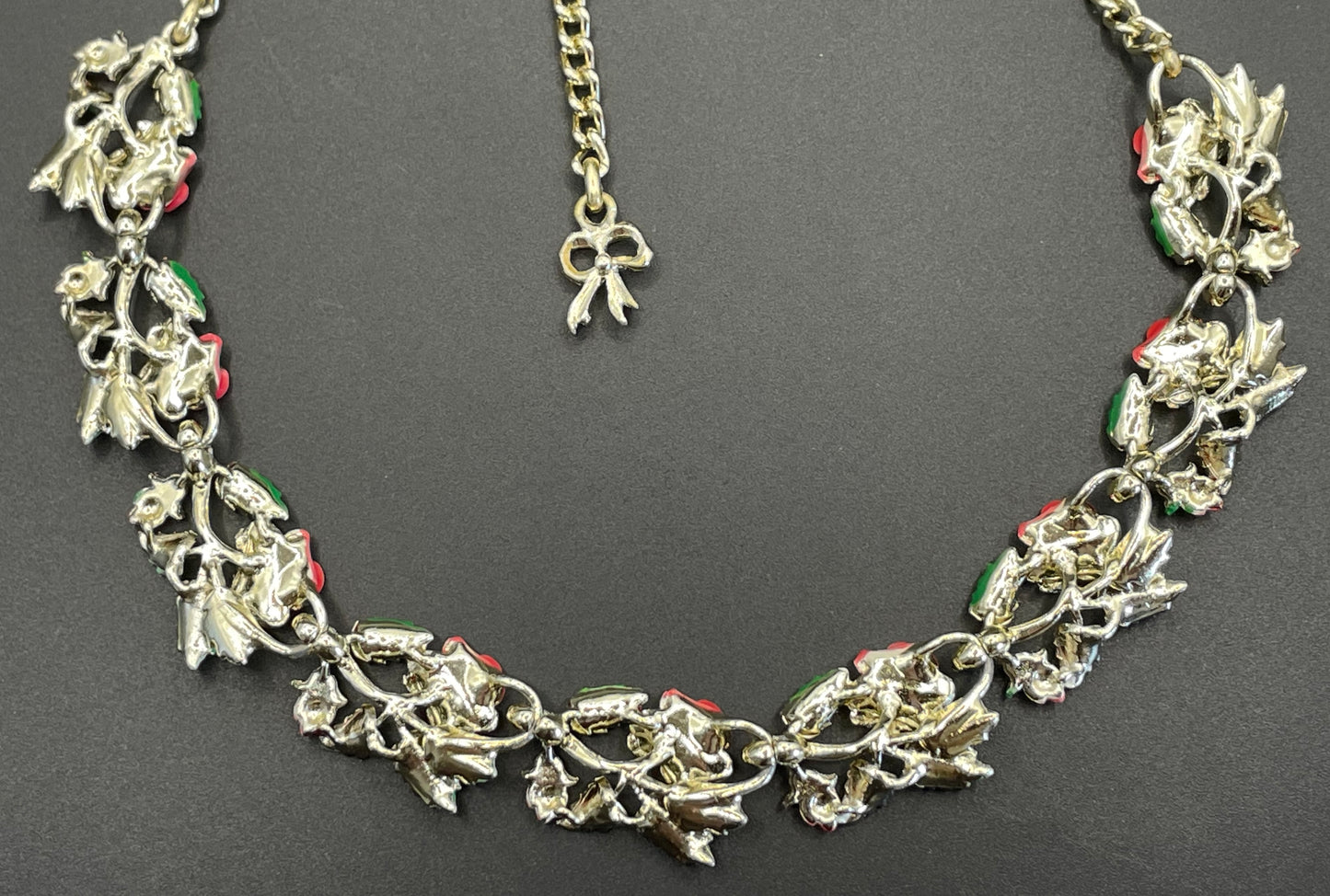 Vintage signed Exquisite rose necklace, birthday flower series, pale gold tone, hand-painted enamel, month of June, excellent condition
