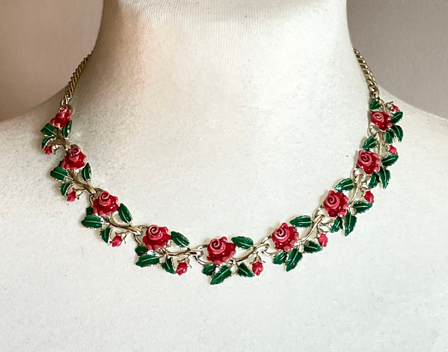 Vintage signed Exquisite rose necklace, birthday flower series, pale gold tone, hand-painted enamel, month of June, excellent condition