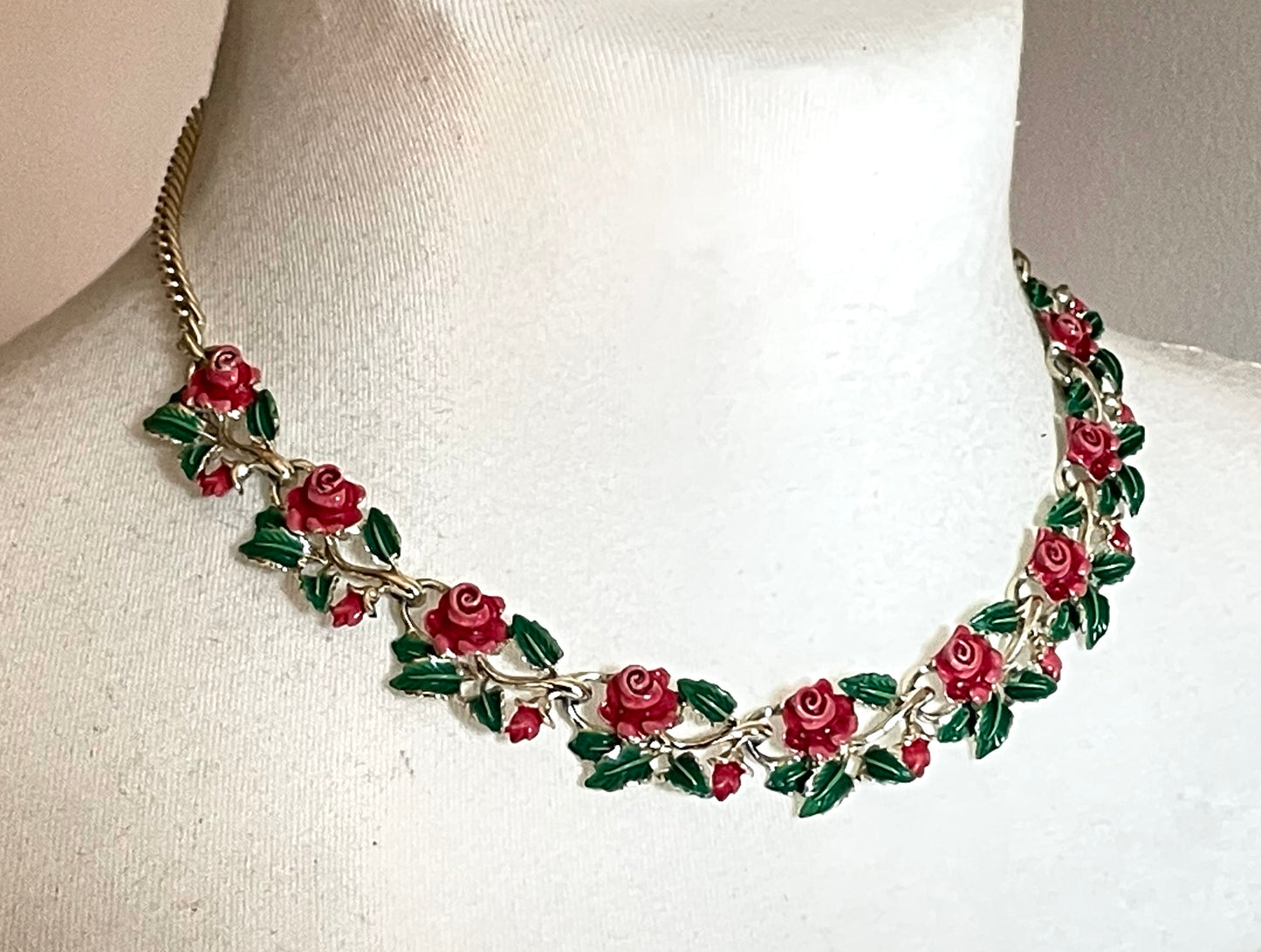 Vintage signed Exquisite rose necklace, birthday flower series, pale gold tone, hand-painted enamel, month of June, excellent condition
