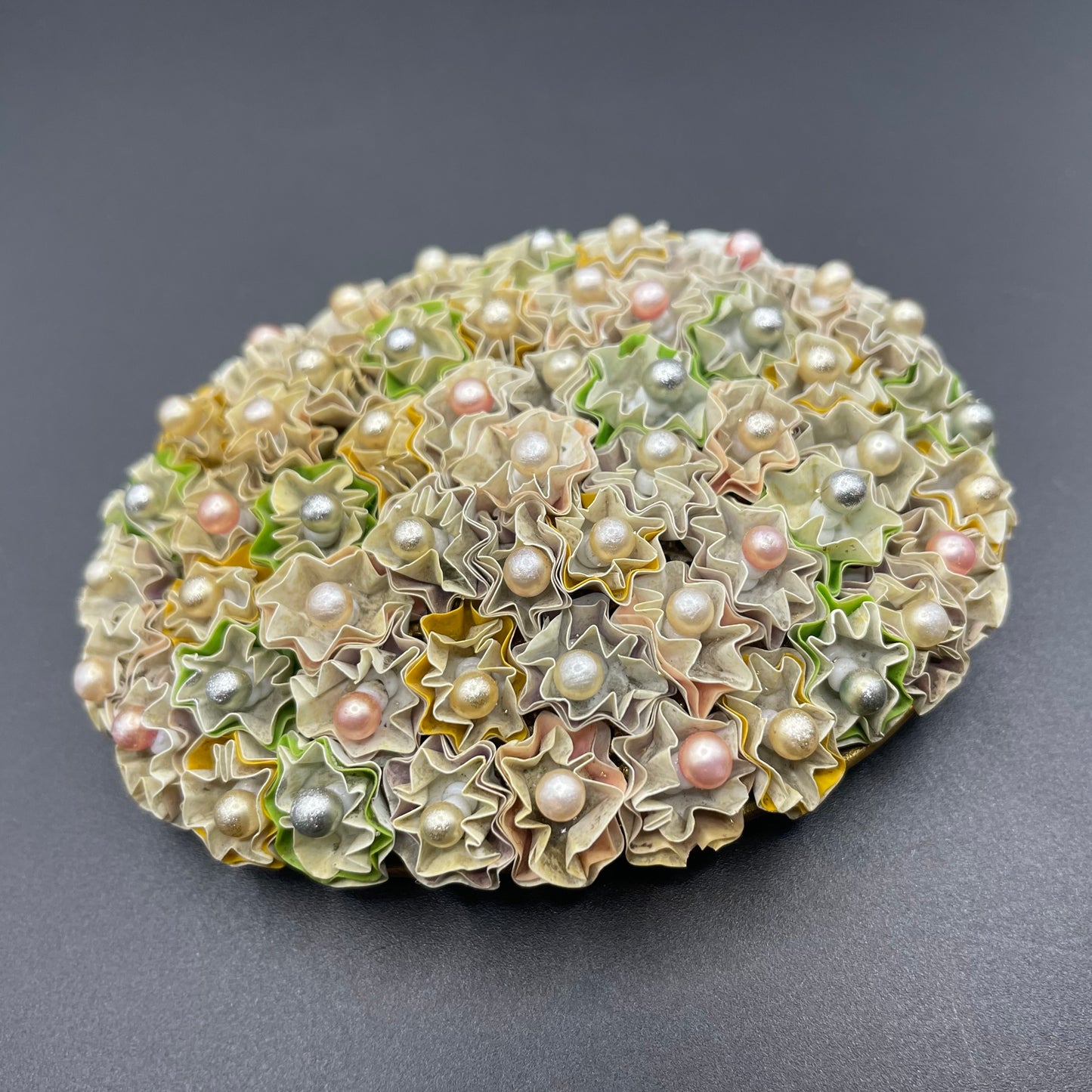 Huge vintage early Miriam Haskell floral crimped paper or canvas and glass bead oval brooch