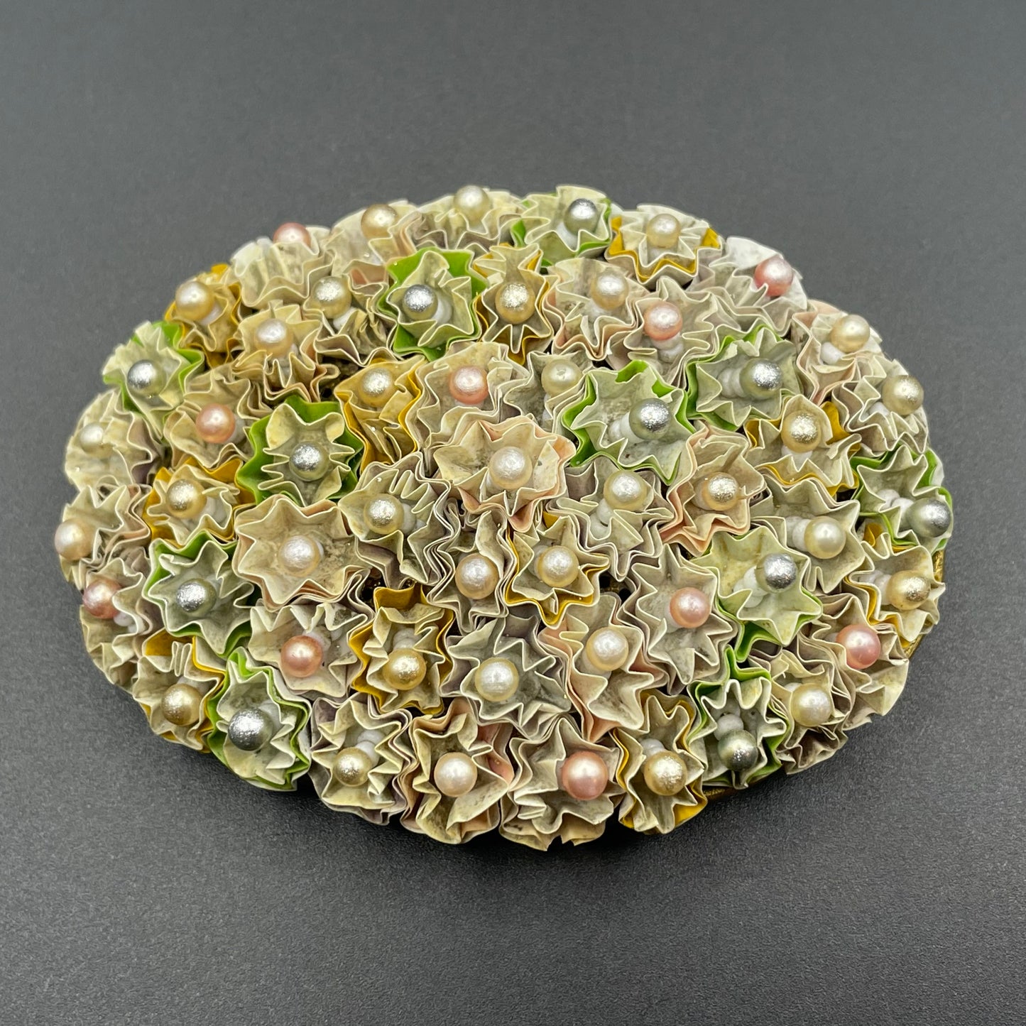 Huge vintage early Miriam Haskell floral crimped paper or canvas and glass bead oval brooch