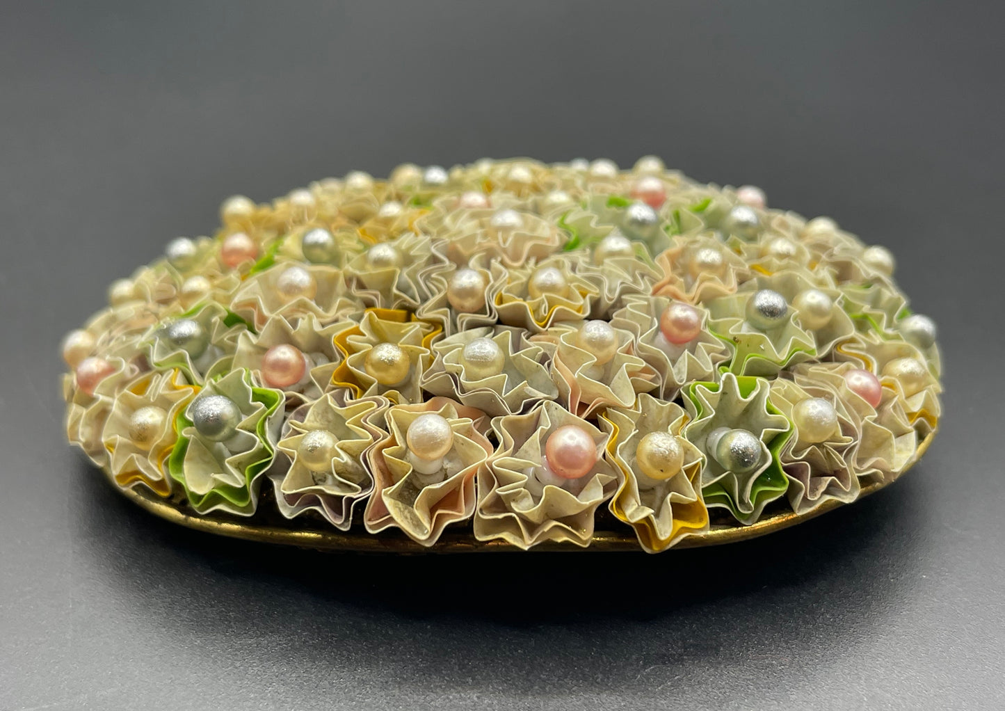 Huge vintage early Miriam Haskell floral crimped paper or canvas and glass bead oval brooch