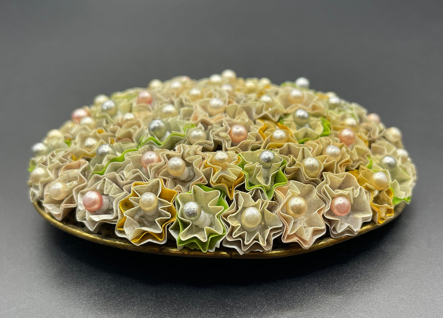 Huge vintage early Miriam Haskell floral crimped paper or canvas and glass bead oval brooch