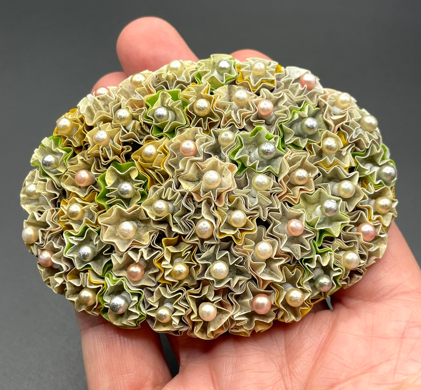 Huge vintage early Miriam Haskell floral crimped paper or canvas and glass bead oval brooch