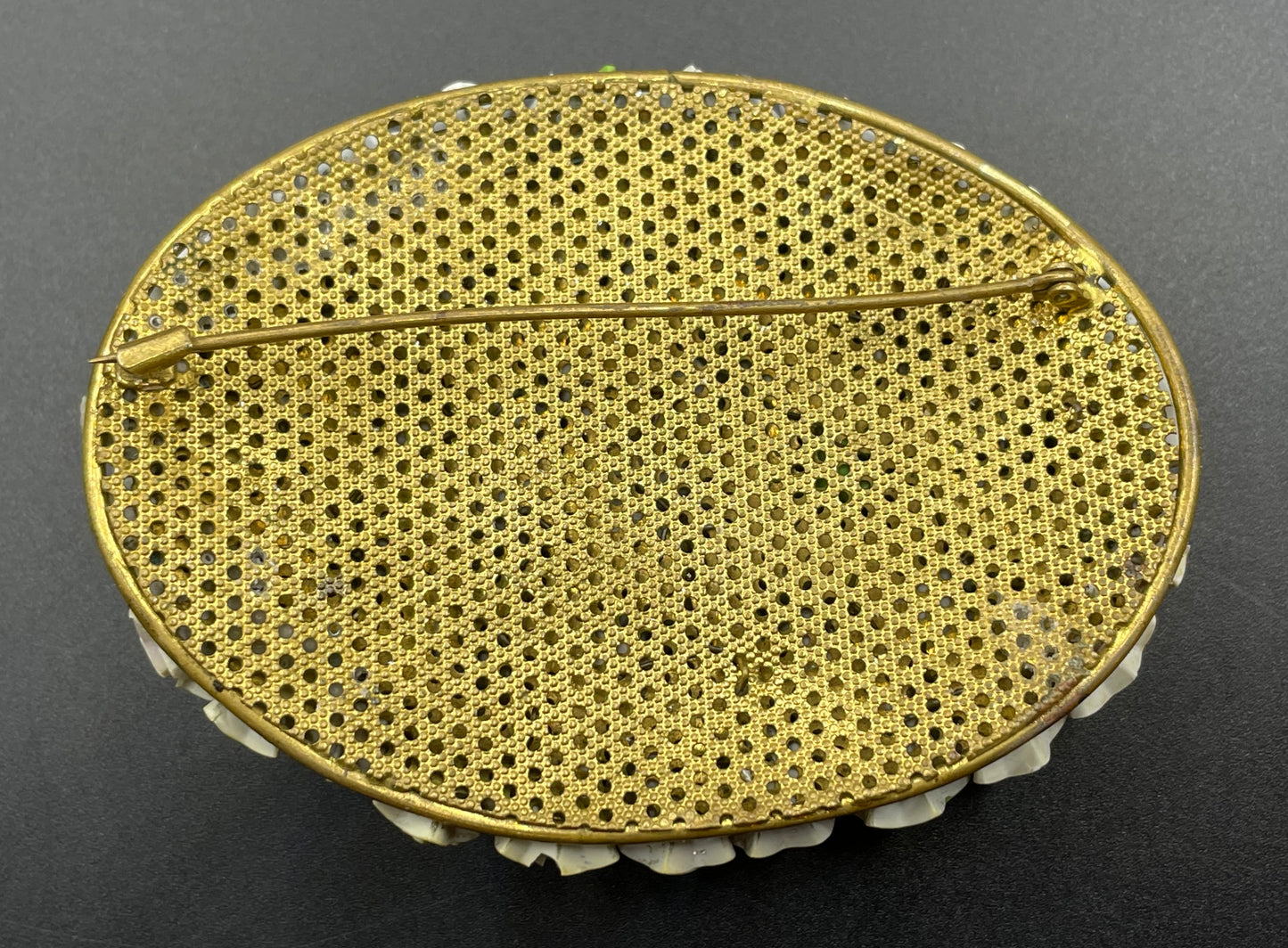 Huge vintage early Miriam Haskell floral crimped paper or canvas and glass bead oval brooch