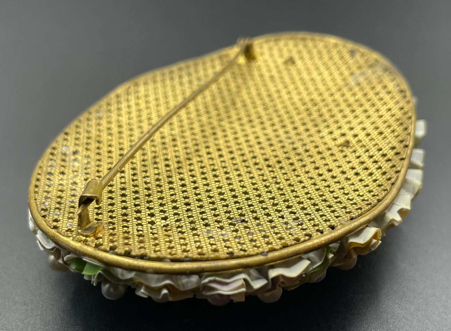 Huge vintage early Miriam Haskell floral crimped paper or canvas and glass bead oval brooch