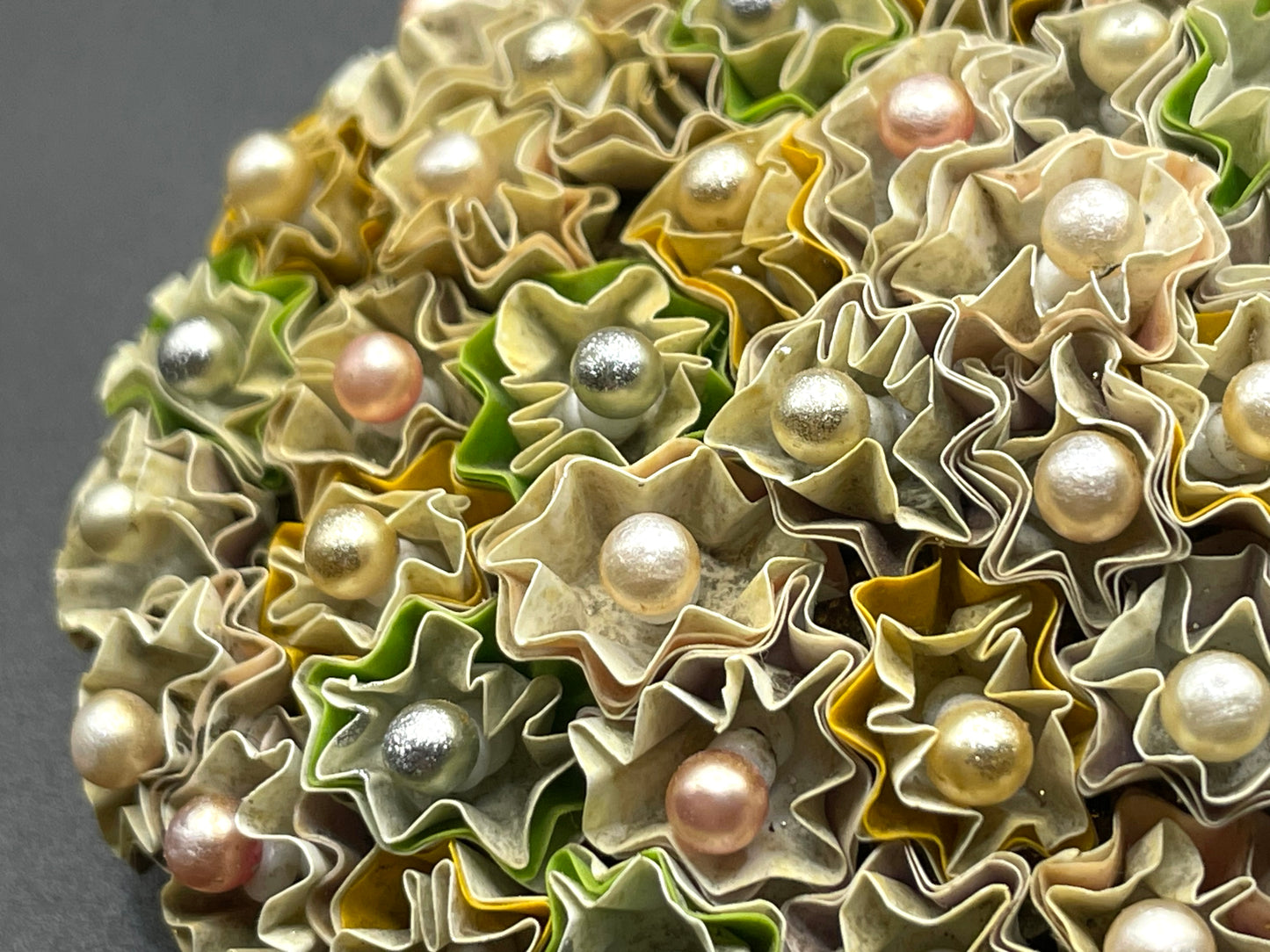 Huge vintage early Miriam Haskell floral crimped paper or canvas and glass bead oval brooch