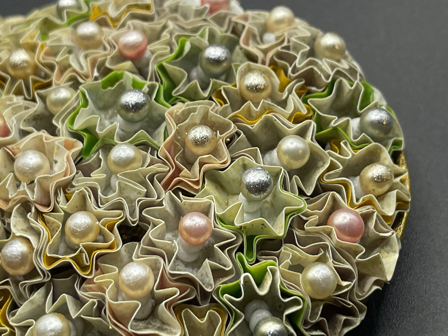 Huge vintage early Miriam Haskell floral crimped paper or canvas and glass bead oval brooch