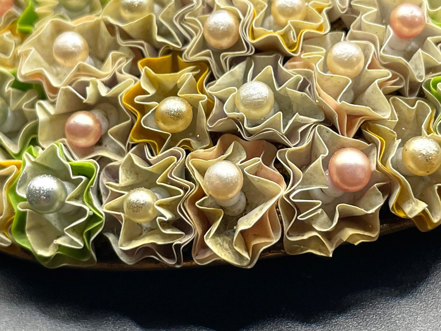 Huge vintage early Miriam Haskell floral crimped paper or canvas and glass bead oval brooch