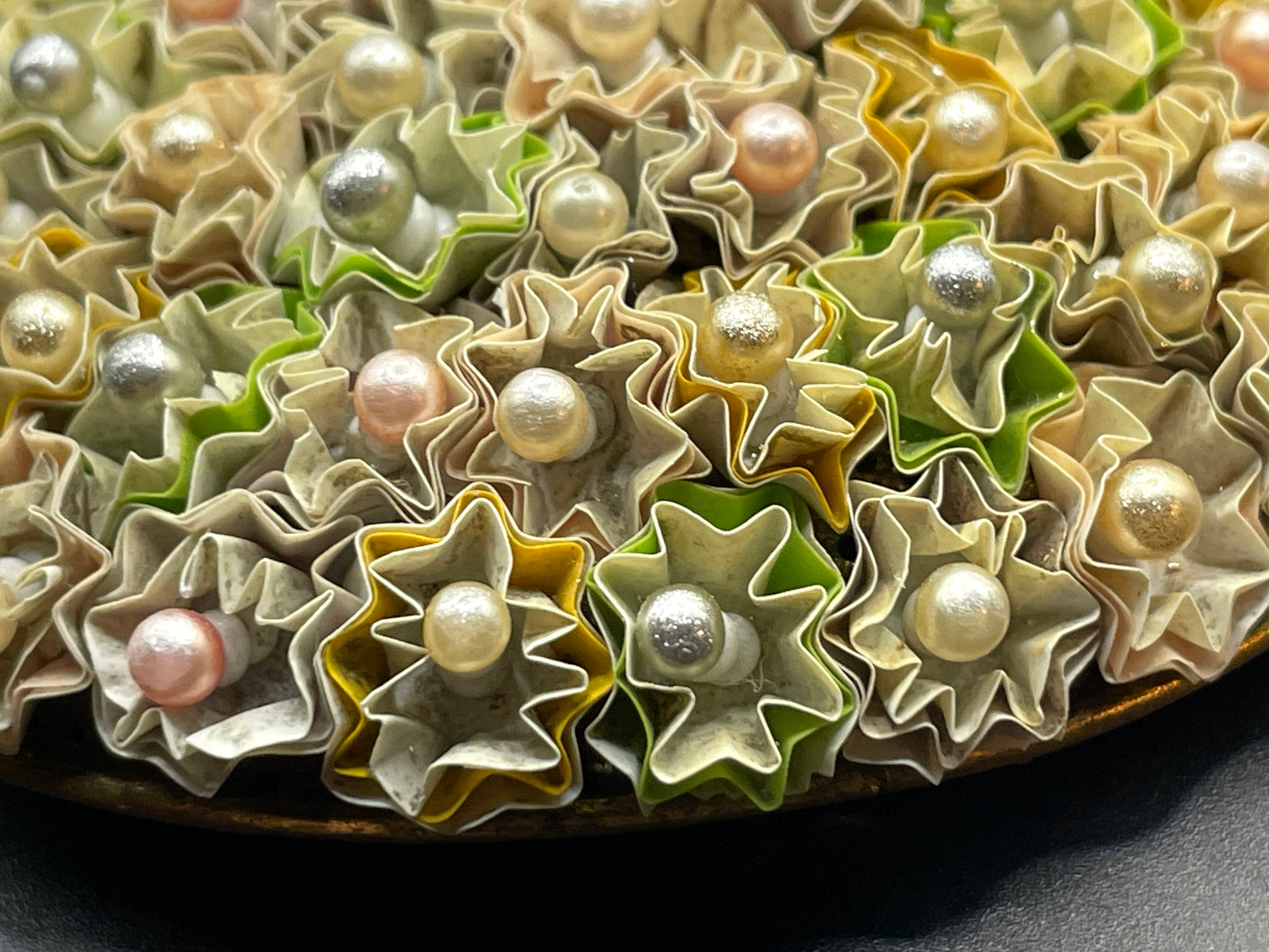 Huge vintage early Miriam Haskell floral crimped paper or canvas and glass bead oval brooch