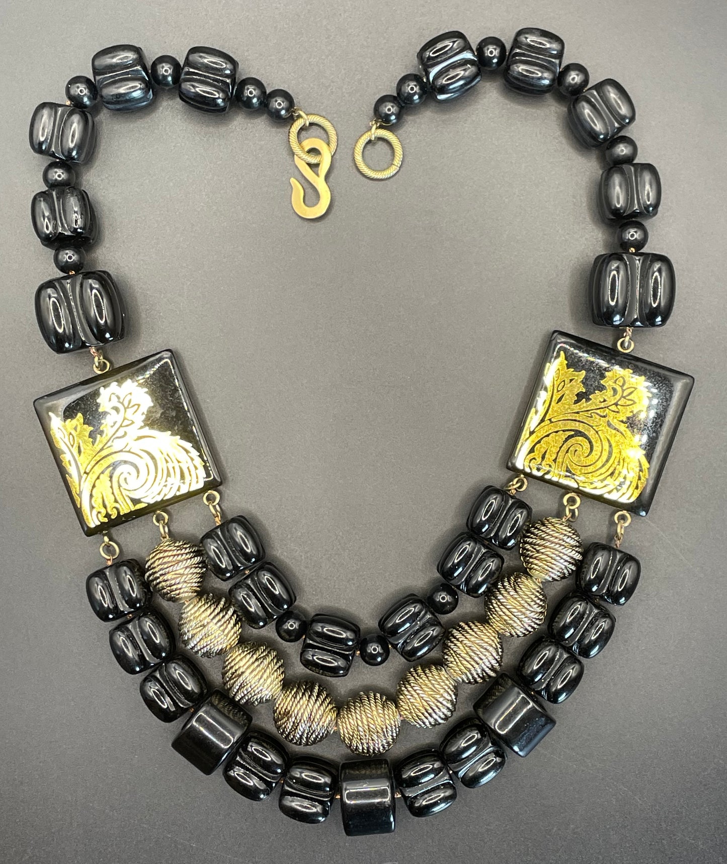 Vintage Christian Dior unsigned 1950s couture chunky early plastic and lucite black and gold beaded triple strand bib necklace