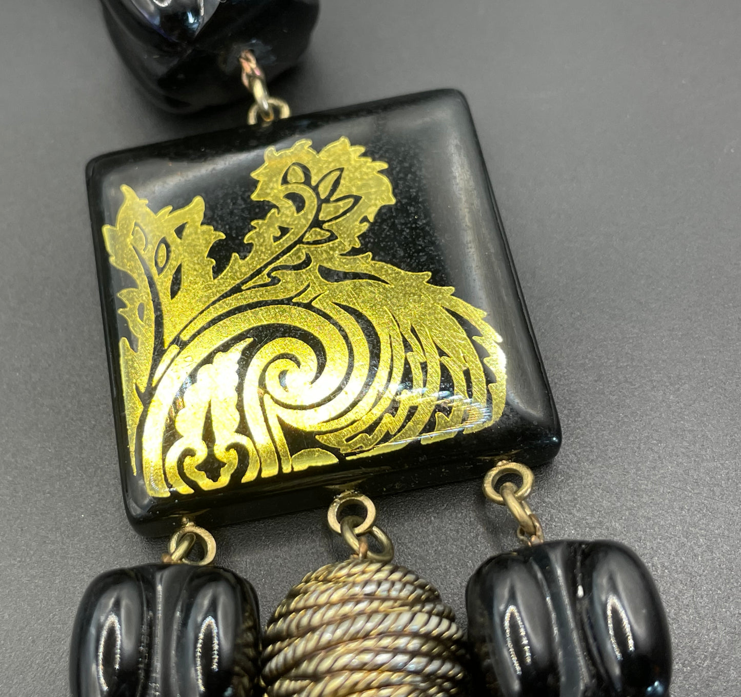 Vintage Christian Dior unsigned 1950s couture chunky early plastic and lucite black and gold beaded triple strand bib necklace