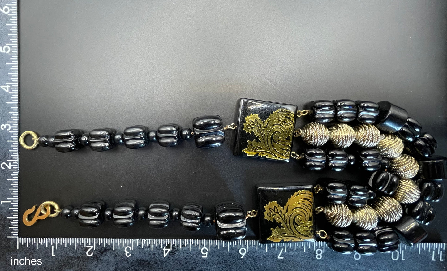 Vintage Christian Dior unsigned 1950s couture chunky early plastic and lucite black and gold beaded triple strand bib necklace