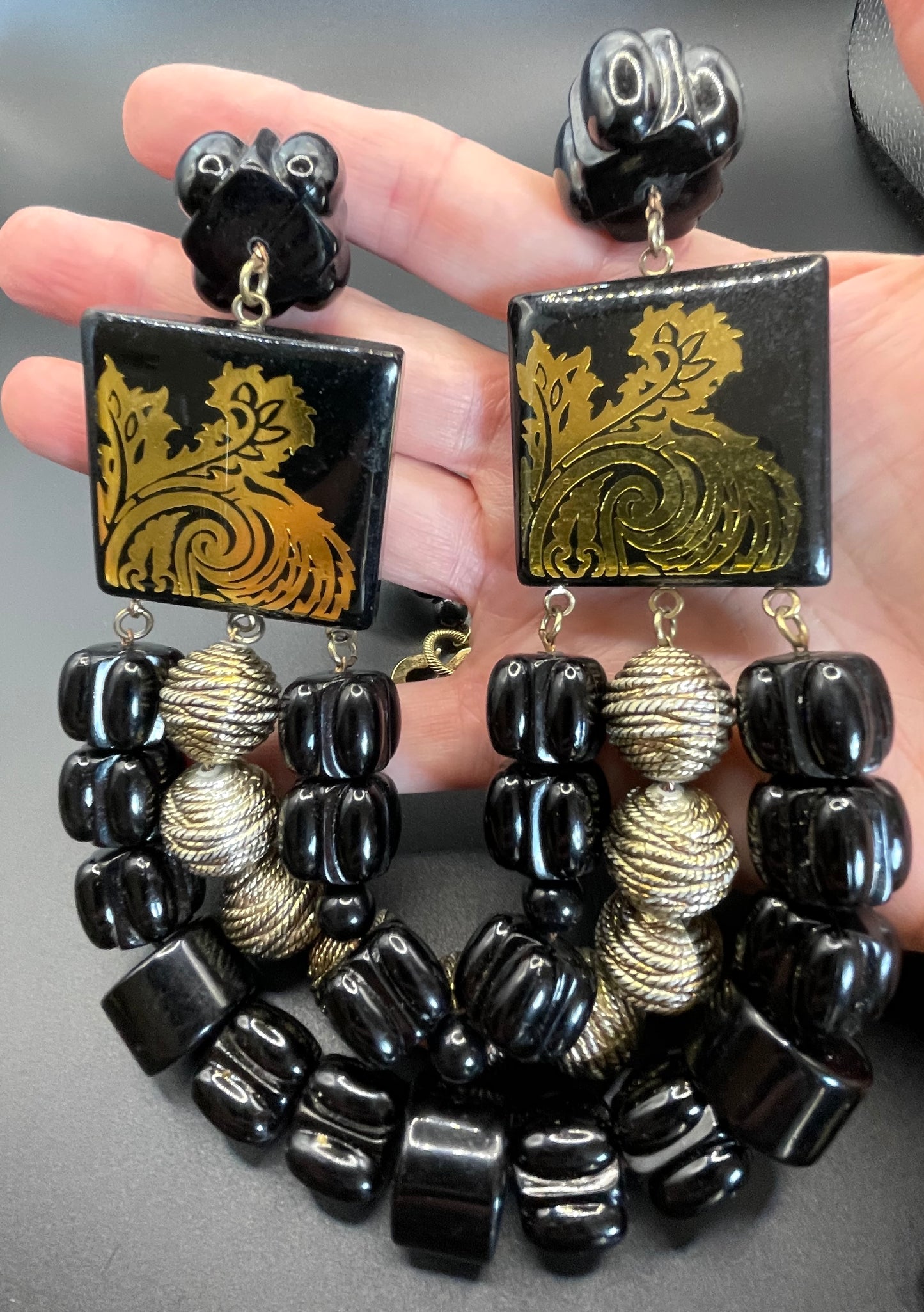 Vintage Christian Dior unsigned 1950s couture chunky early plastic and lucite black and gold beaded triple strand bib necklace