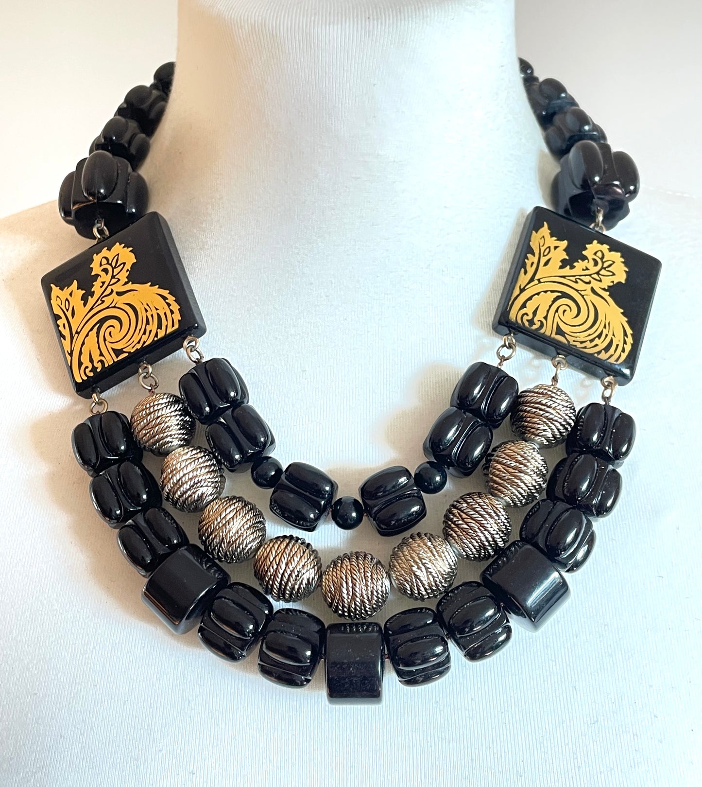 Vintage Christian Dior unsigned 1950s couture chunky early plastic and lucite black and gold beaded triple strand bib necklace