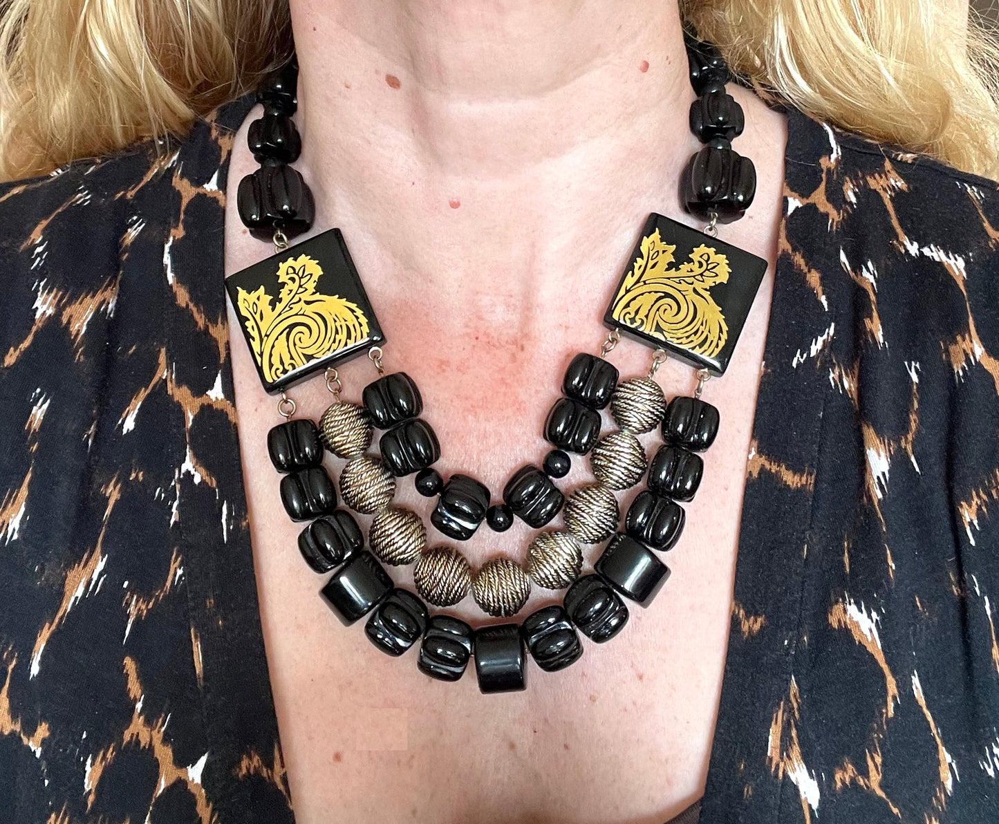 Vintage Christian Dior unsigned 1950s couture chunky early plastic and lucite black and gold beaded triple strand bib necklace